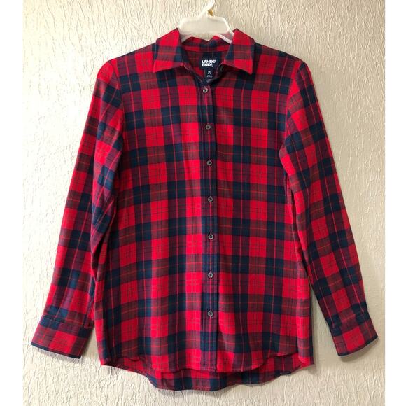 Lands' End Oeko Tex Tartan Plaid Flannel Red Button Up Shirt Cotton 10-12 New - Picture 1 of 12